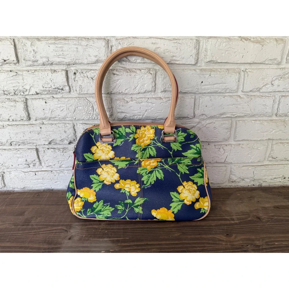 Tignanello Bed of Roses Floral Satchel Handbag Purse Navy Yellow Flower Print